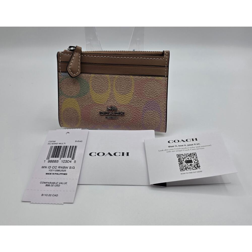 NWT COACH Mini Skinny ID Card Case in Rainbow Signature Canvas SV/Sand Multi